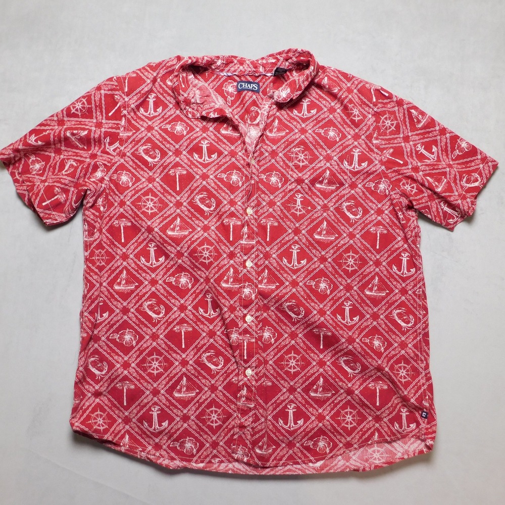 Chaps Mens XXL Red Leaf‎ Nautical Print Short Sleeve Button Down Shirt Cotton